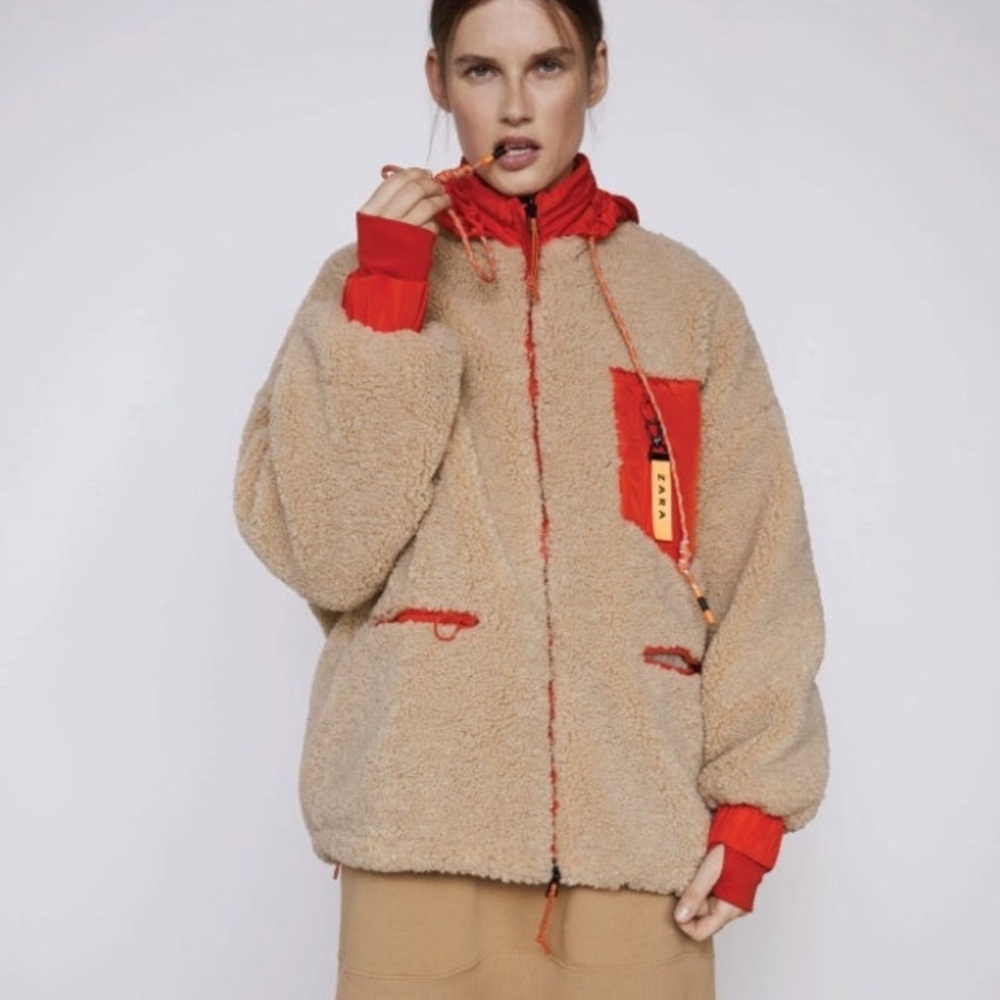 Cozy Beige and Red Sherpa Jacket